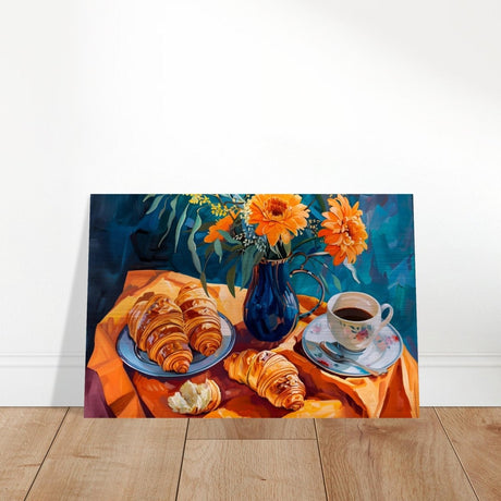 Morning Elegance: Croissants and Coffee | Still Life Contemporary Impressionism | wall art print - Brushed Aluminum Print - 30x45 cm / 12x18″ - 