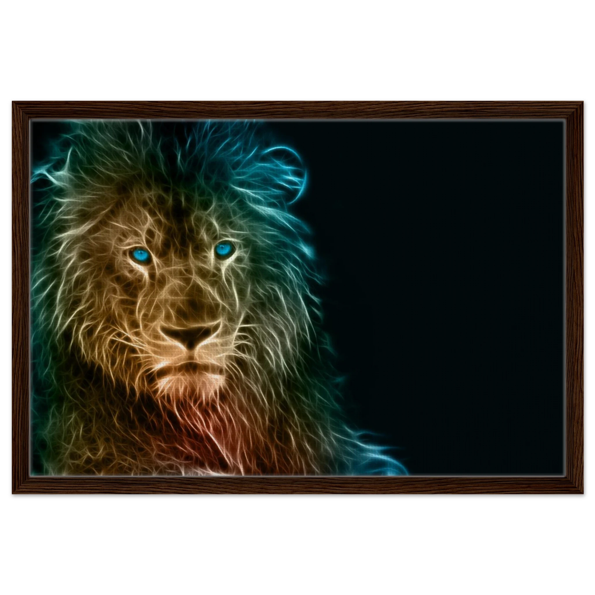 Neon Majesty – Abstract Lion Spirit Wall Art Print - Framed Canvas - 50x75 cm / 20x30″ - Dark wood frame