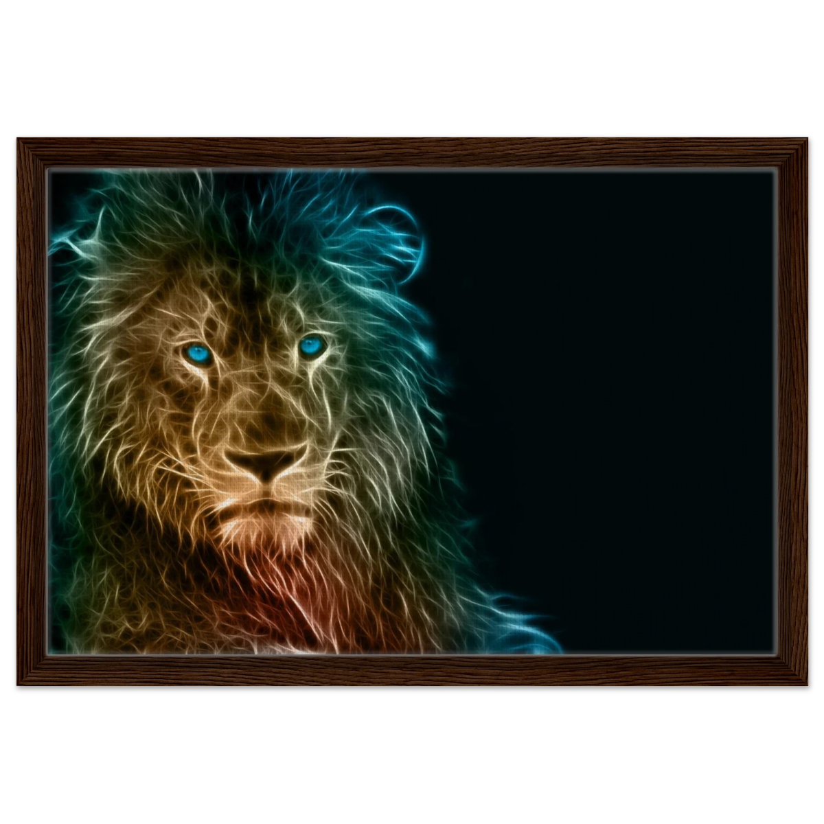 Neon Majesty – Abstract Lion Spirit Wall Art Print - Framed Canvas - 40x60 cm / 16x24″ - Dark wood frame