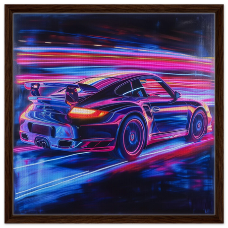 “Neon Velocity” – Futuristic Porsche in Motion Wall Art - Framed Canvas - 60x60 cm / 24x24″ - Dark wood frame