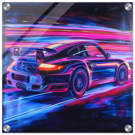 “Neon Velocity” – Futuristic Porsche in Motion Wall Art - Acrylic Print - 40x40 cm / 16x16″ - 