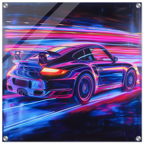 “Neon Velocity” – Futuristic Porsche in Motion Wall Art - Acrylic Print - 60x60 cm / 24x24″ - 