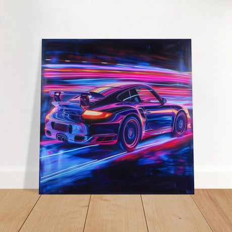“Neon Velocity” – Futuristic Porsche in Motion Wall Art - Brushed Aluminum Print - 50x50 cm / 20x20″ - 