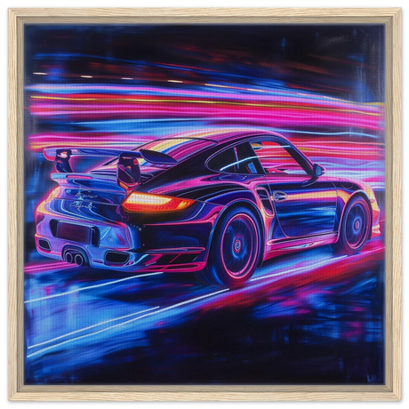 “Neon Velocity” – Futuristic Porsche in Motion Wall Art - Framed Canvas - 60x60 cm / 24x24″ - Wood frame