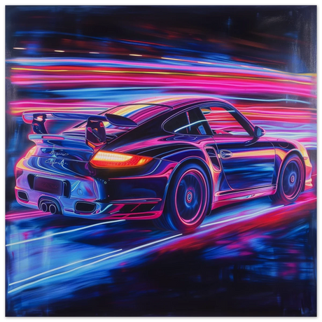 “Neon Velocity” – Futuristic Porsche in Motion Wall Art - Wood Prints - 50x50 cm / 20x20″ - 