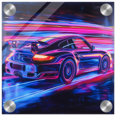 “Neon Velocity” – Futuristic Porsche in Motion Wall Art - Acrylic Print - 20x20 cm / 8x8″ - 
