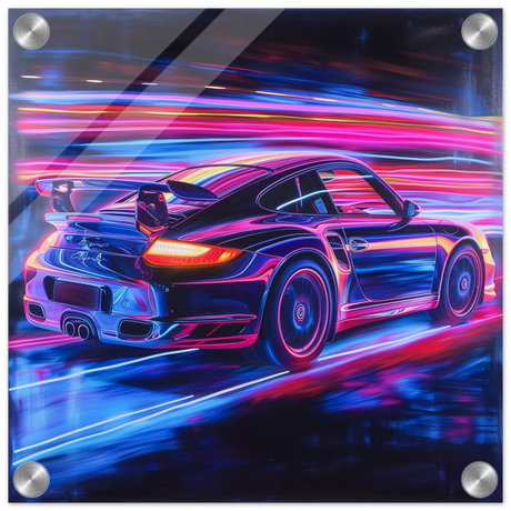 “Neon Velocity” – Futuristic Porsche in Motion Wall Art - Acrylic Print - 30x30 cm / 12x12″ - 