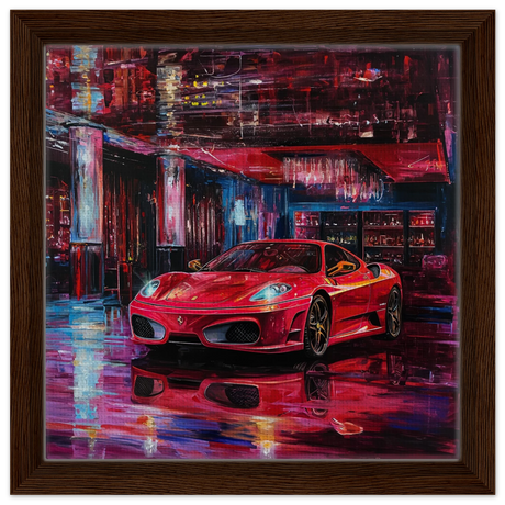 Neon Velocity – The Art of Speed & Luxury | Wall art print - Framed Canvas - 30x30 cm / 12x12″ - Dark wood frame