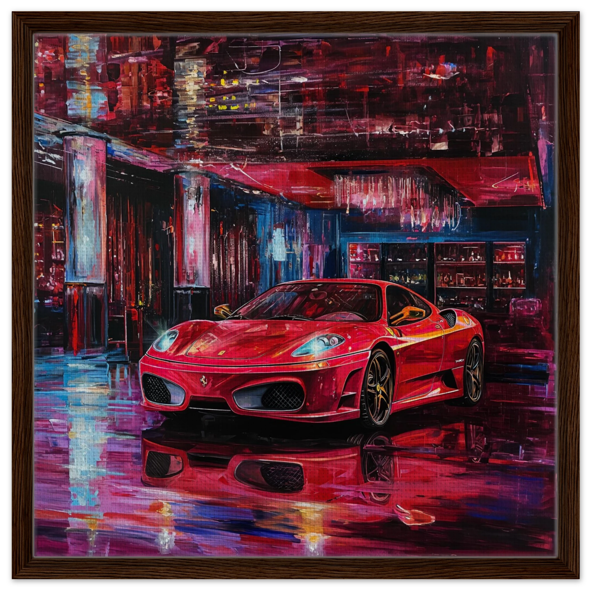 Neon Velocity – The Art of Speed & Luxury | Wall art print - Framed Canvas - 60x60 cm / 24x24″ - Dark wood frame