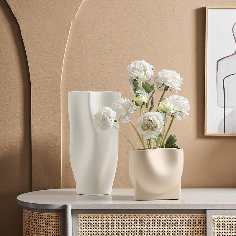 Nordic Morandi Ceramic Vase – Minimalist Decorative Vases for Modern Home - Beige Tall Cylinder Vase - 