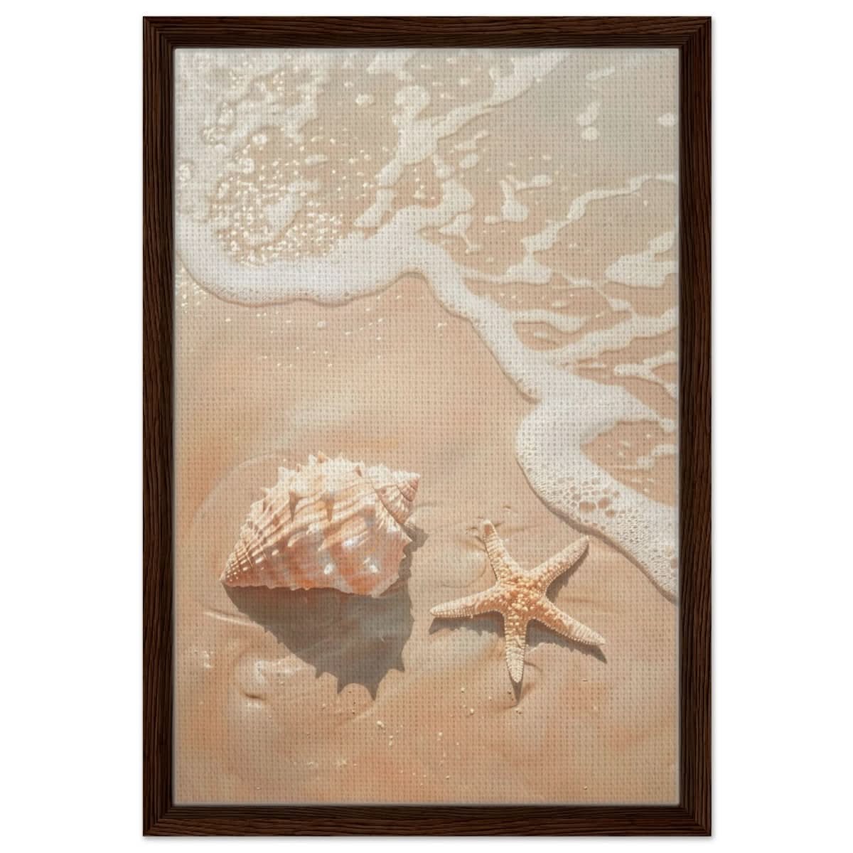 Ocean’s Whisper – Seashells and Serenity | Minimalist Coastal Art - 40x60 cm / 16x24″ - Framed Canvas - Dark wood frame