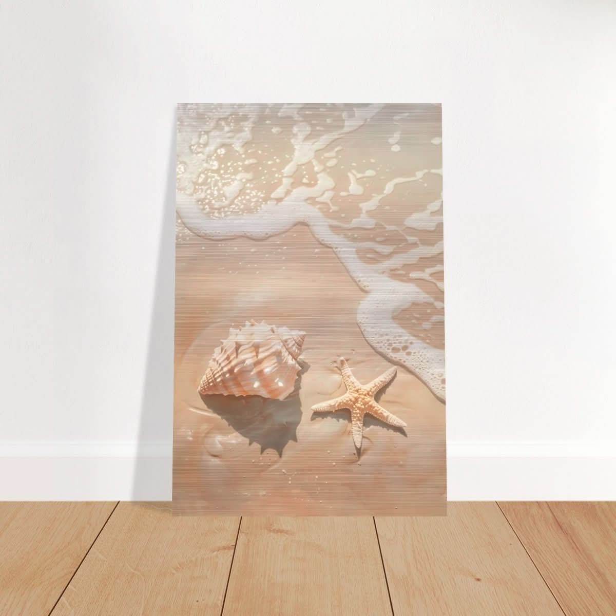Ocean’s Whisper – Seashells and Serenity | Minimalist Coastal Art - 30x45 cm / 12x18″ - Brushed Aluminum Print - 