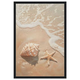 Ocean’s Whisper – Seashells and Serenity | Minimalist Coastal Art - 60x90 cm / 24x36″ - Framed Canvas - Black frame