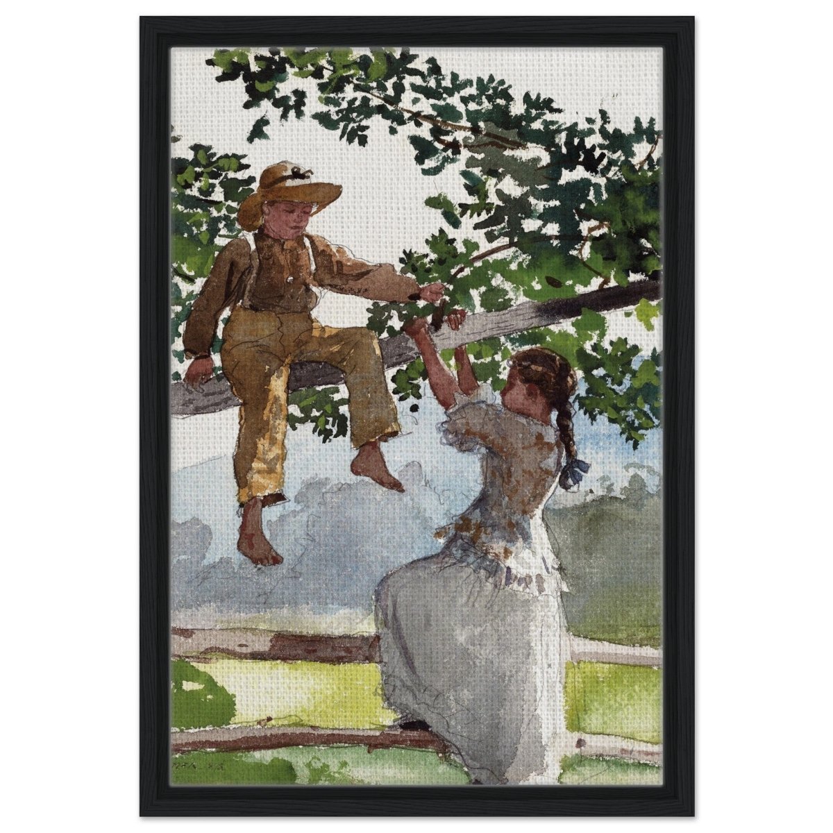 On The Fence Giclee by Winslow Homer | Vintage Nature Art wall art print - Framed Canvas - 40x60 cm / 16x24″ - Black frame