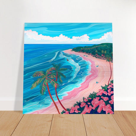 Paradise Coastline Bliss: A Tropical Haven in Your Home | Contemporary Tropical Illustration - Brushed Aluminum Print - 60x60 cm / 24x24″ - 