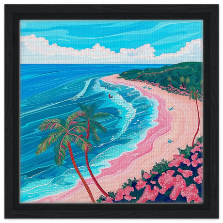 Paradise Coastline Bliss: A Tropical Haven in Your Home | Contemporary Tropical Illustration - Framed Canvas - 30x30 cm / 12x12″ - Black frame