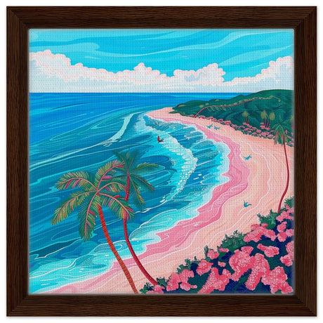 Paradise Coastline Bliss: A Tropical Haven in Your Home | Contemporary Tropical Illustration - Framed Canvas - 30x30 cm / 12x12″ - Dark wood frame