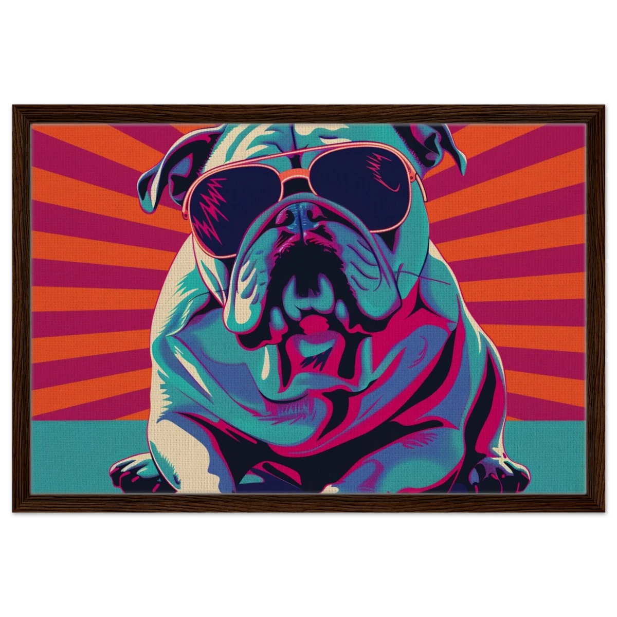 Paws & Pop – Retro Bulldog Swagger Vibes | Wall Art Print - Framed Canvas - 50x75 cm / 20x30″ - Dark wood frame