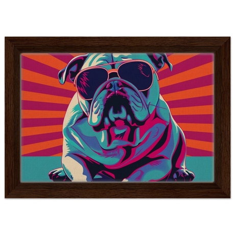 Paws & Pop – Retro Bulldog Swagger Vibes | Wall Art Print - Framed Canvas - 20x30 cm / 8x12″ - Dark wood frame