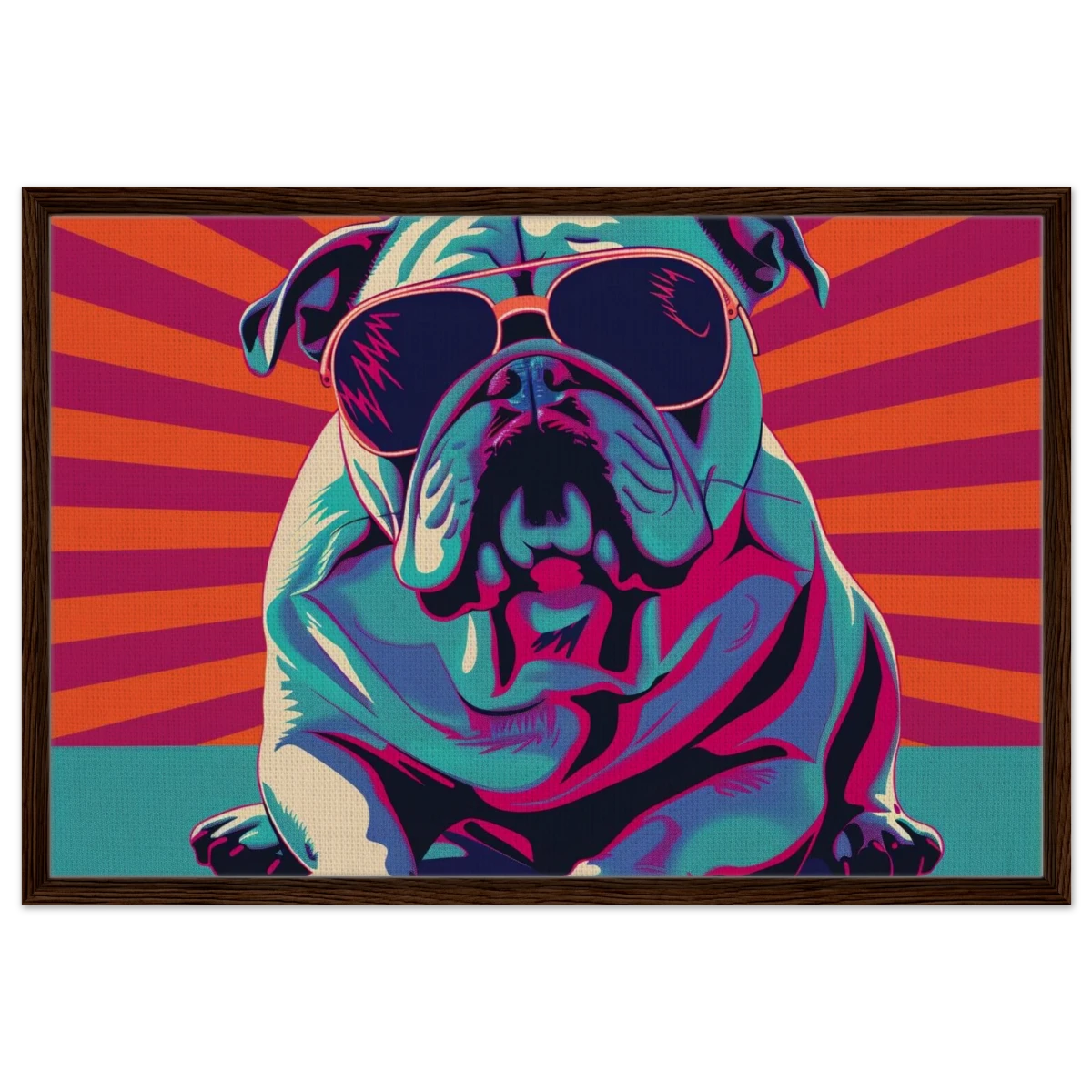 Paws & Pop – Retro Bulldog Swagger Vibes | Wall Art Print - Framed Canvas - 60x90 cm / 24x36″ - Dark wood frame