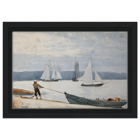 Pulling the Dory – Maritime Vintage Wall Art Print | Winslow Homer - Framed Canvas - 20x30 cm / 8x12″ - Black frame
