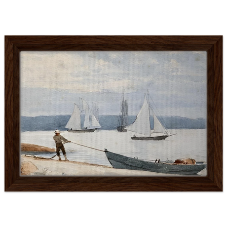 Pulling the Dory – Maritime Vintage Wall Art Print | Winslow Homer - Framed Canvas - 20x30 cm / 8x12″ - Dark wood frame