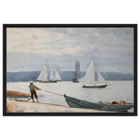 Pulling the Dory – Maritime Vintage Wall Art Print | Winslow Homer - Framed Canvas - 60x90 cm / 24x36″ - Black frame