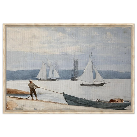 Pulling the Dory – Maritime Vintage Wall Art Print | Winslow Homer - Framed Canvas - 60x90 cm / 24x36″ - Wood frame