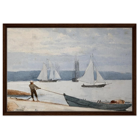 Pulling the Dory – Maritime Vintage Wall Art Print | Winslow Homer - Framed Canvas - 50x75 cm / 20x30″ - Dark wood frame