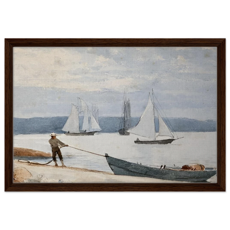 Pulling the Dory – Maritime Vintage Wall Art Print | Winslow Homer - Framed Canvas - 40x60 cm / 16x24″ - Dark wood frame