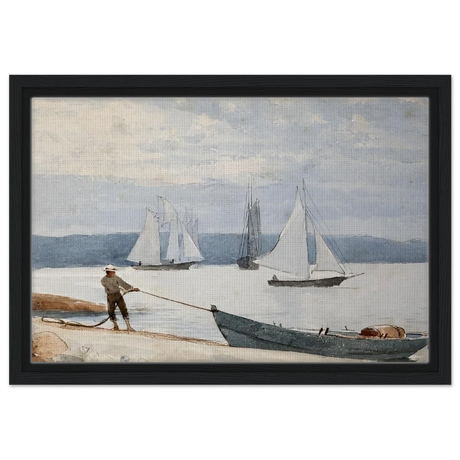 Pulling the Dory – Maritime Vintage Wall Art Print | Winslow Homer - Framed Canvas - 30x45 cm / 12x18″ - Black frame