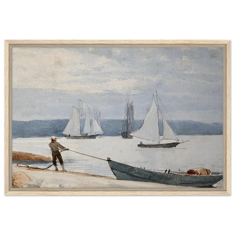Pulling the Dory – Maritime Vintage Wall Art Print | Winslow Homer - Framed Canvas - 50x75 cm / 20x30″ - Wood frame