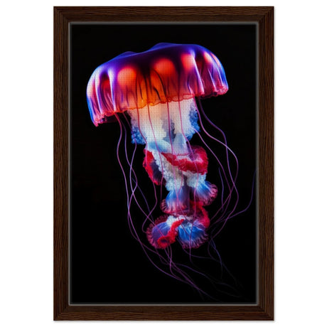 Radiant Abyss: The Neon Jellyfish | Animal art print - Framed Canvas - 30x45 cm / 12x18″ - Dark wood frame