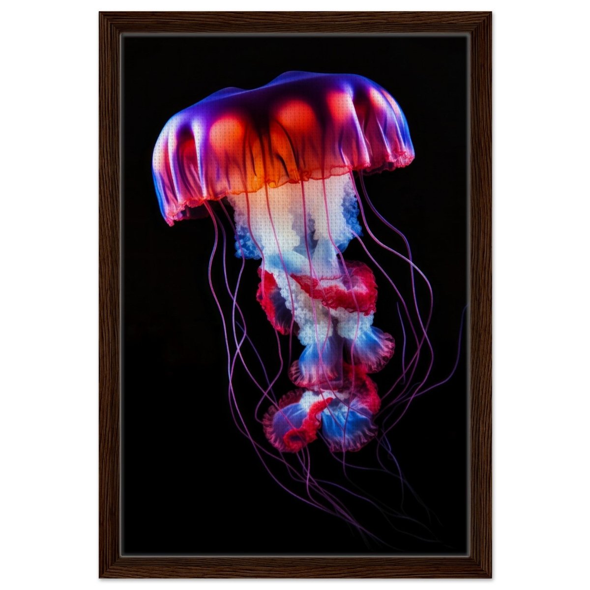 Radiant Abyss: The Neon Jellyfish | Animal art print - Framed Canvas - 40x60 cm / 16x24″ - Dark wood frame