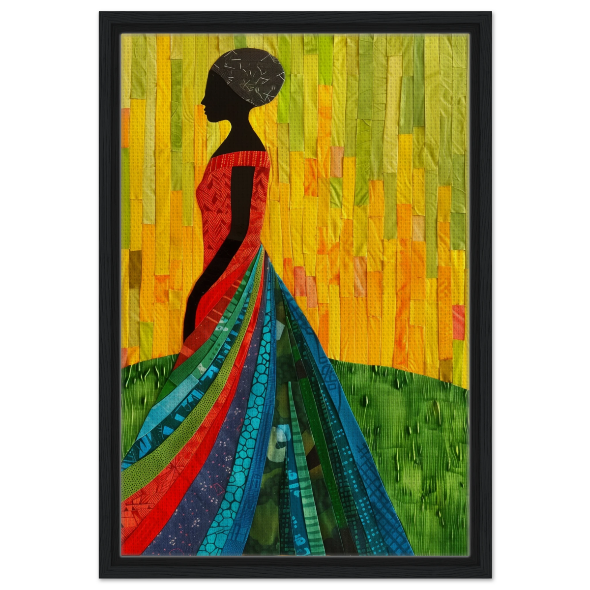 Radiant Silhouette – Afrocentric Collage Wall Art Print - Framed Canvas - 40x60 cm / 16x24″ - Black frame