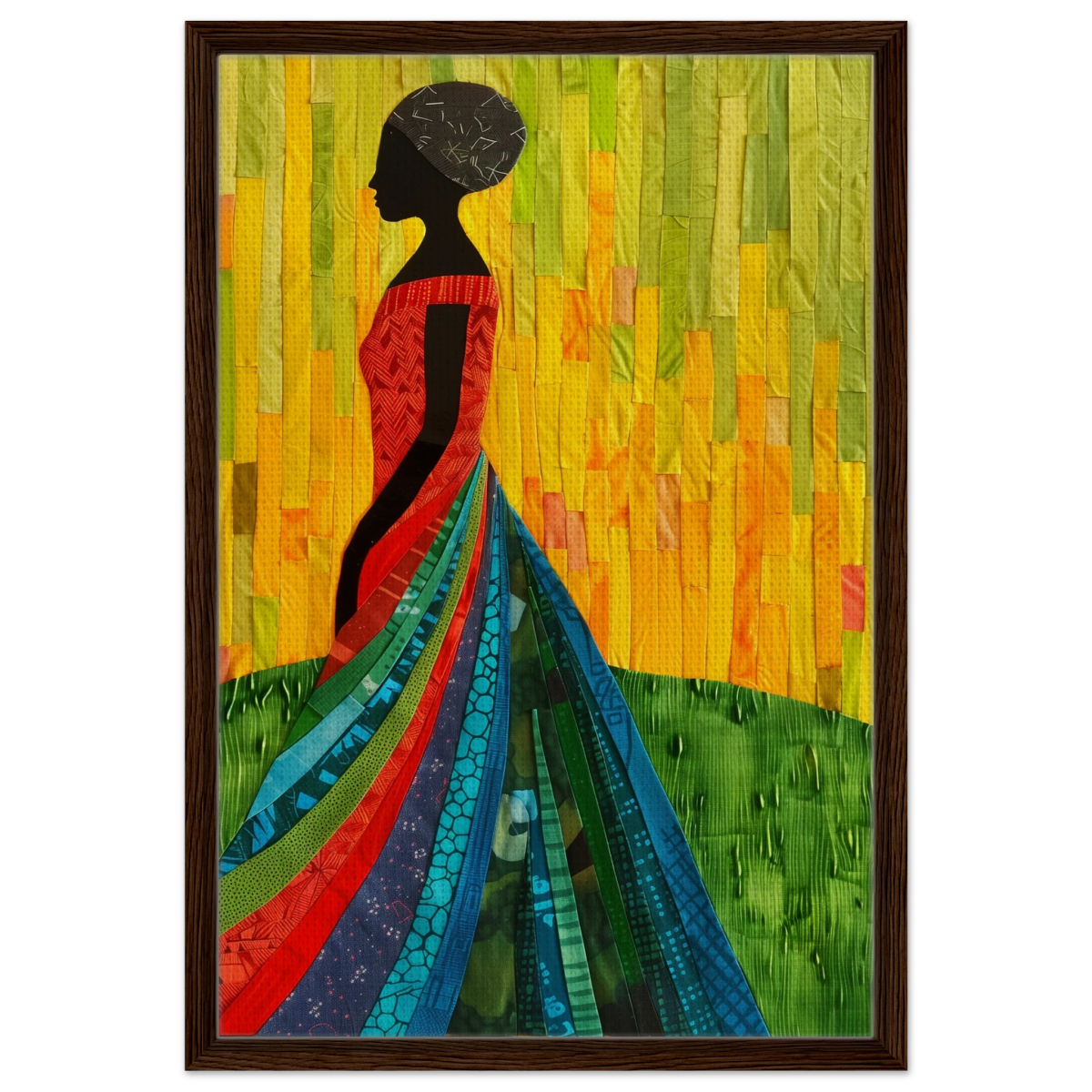 Radiant Silhouette – Afrocentric Collage Wall Art Print - Framed Canvas - 50x75 cm / 20x30″ - Dark wood frame