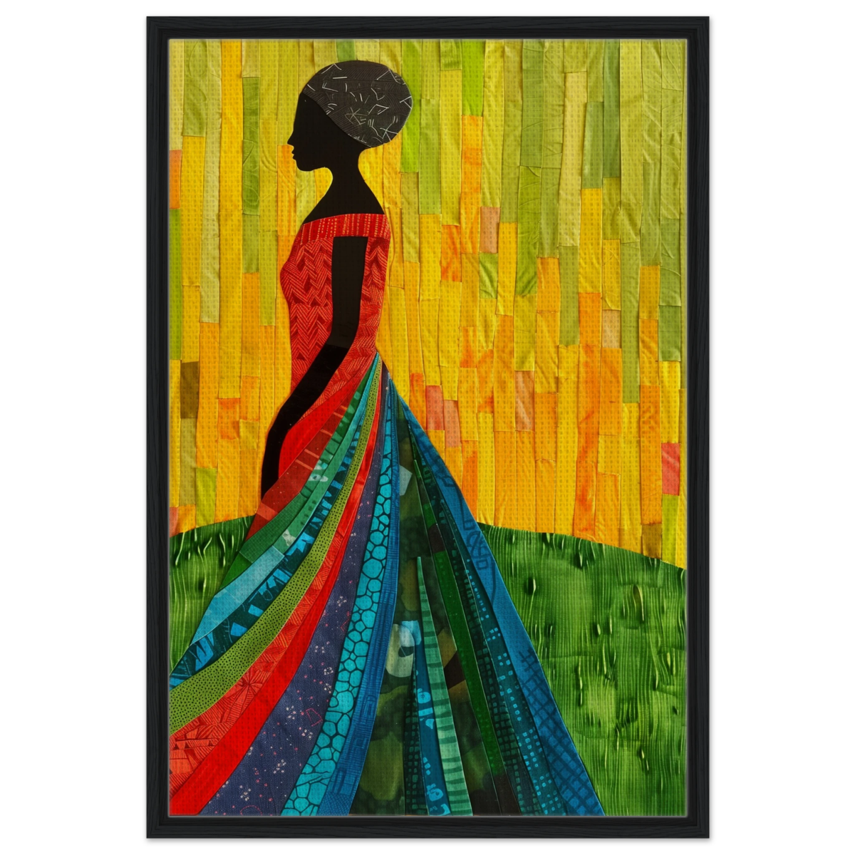 Radiant Silhouette – Afrocentric Collage Wall Art Print - Framed Canvas - 60x90 cm / 24x36″ - Black frame