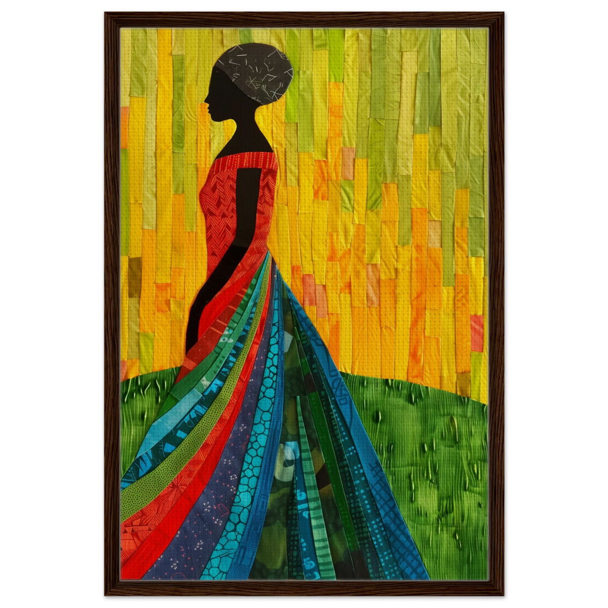 Radiant Silhouette – Afrocentric Collage Wall Art Print - Framed Canvas - 60x90 cm / 24x36″ - Dark wood frame