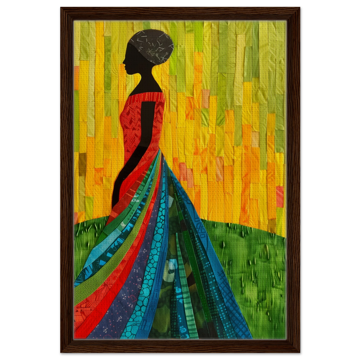 Radiant Silhouette – Afrocentric Collage Wall Art Print - Framed Canvas - 40x60 cm / 16x24″ - Dark wood frame