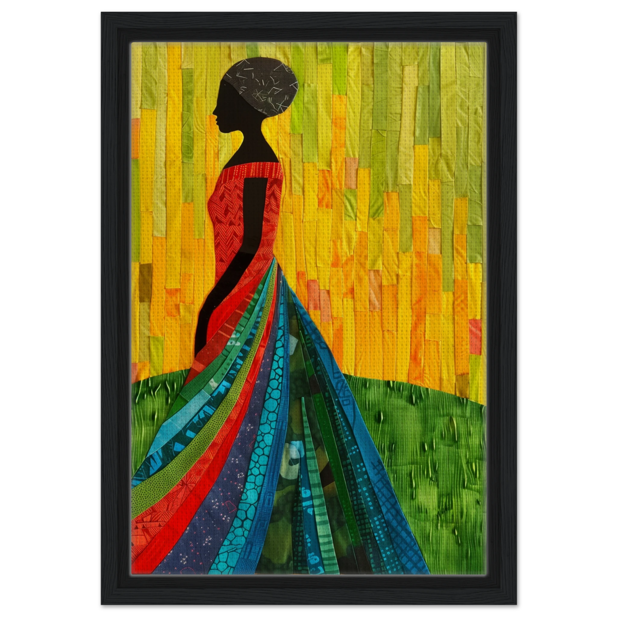 Radiant Silhouette – Afrocentric Collage Wall Art Print - Framed Canvas - 30x45 cm / 12x18″ - Black frame