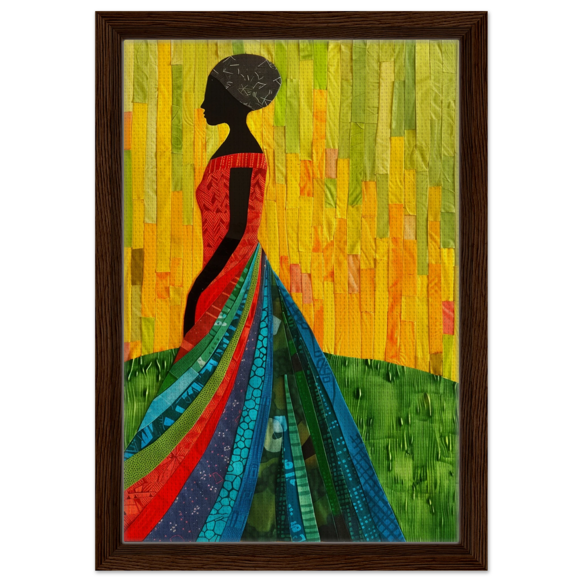 Radiant Silhouette – Afrocentric Collage Wall Art Print - Framed Canvas - 30x45 cm / 12x18″ - Dark wood frame