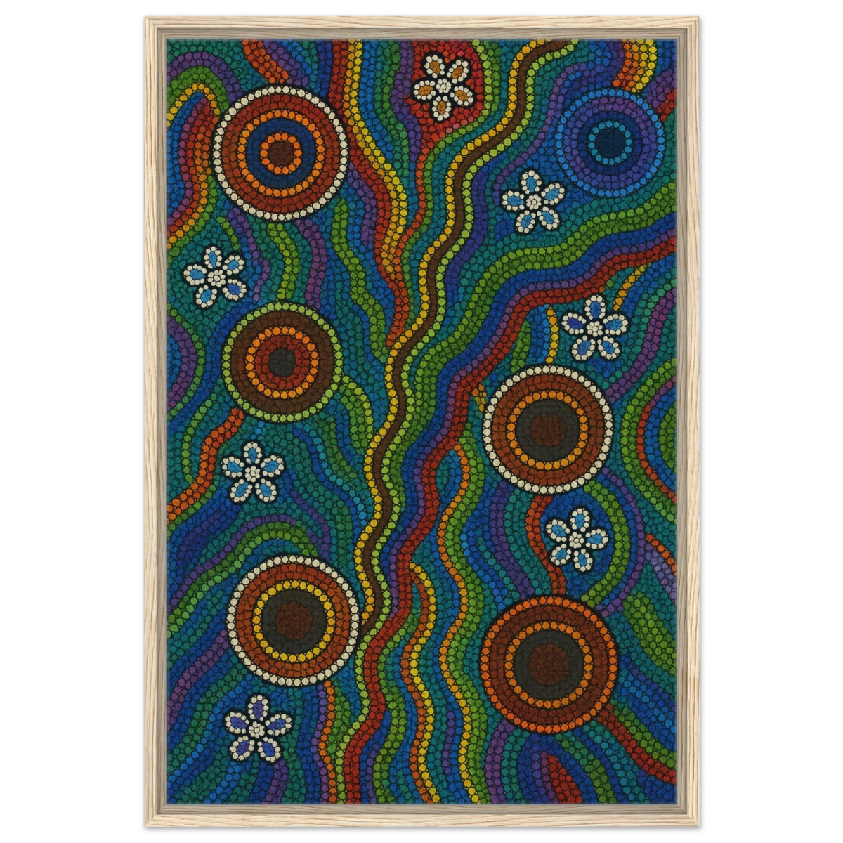 Rainbow Dreaming Aboriginal Wall Art Print - Framed Canvas - 60x90 cm / 24x36″ - Wood frame