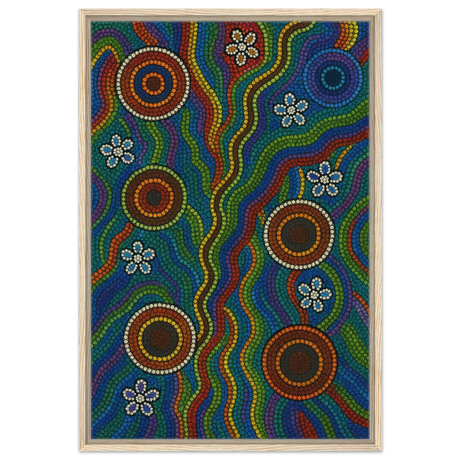 Rainbow Dreaming Aboriginal Wall Art Print - Framed Canvas - 60x90 cm / 24x36″ - Wood frame