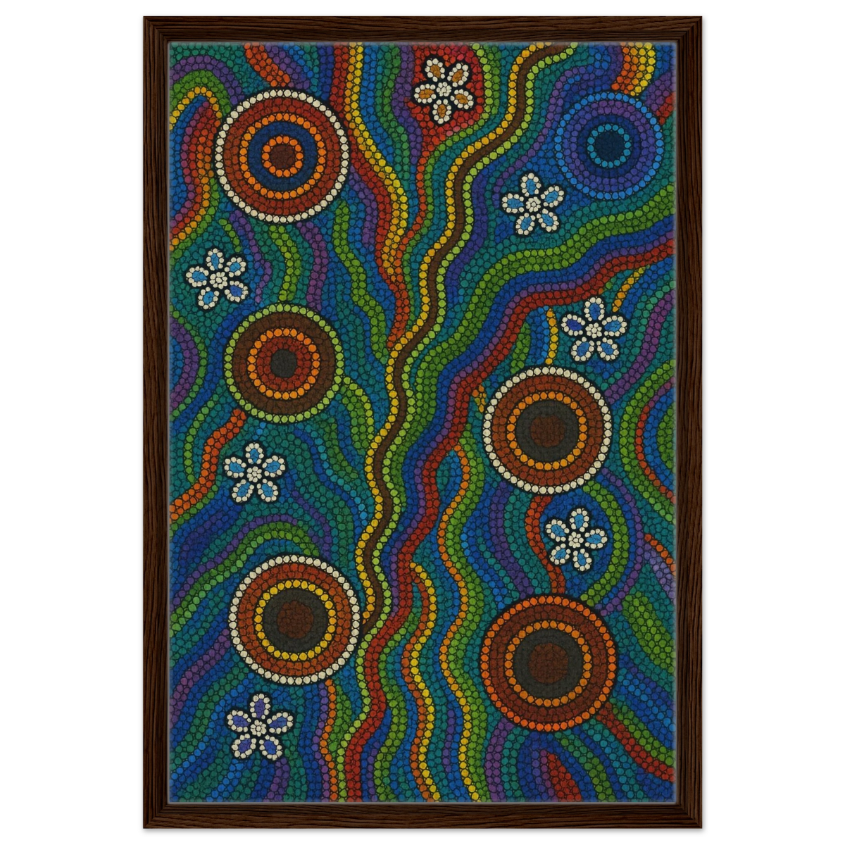 Rainbow Dreaming Aboriginal Wall Art Print - Framed Canvas - 50x75 cm / 20x30″ - Dark wood frame