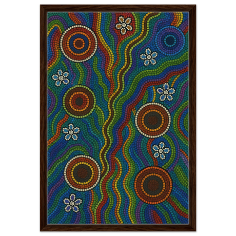 Rainbow Dreaming Aboriginal Wall Art Print - Framed Canvas - 50x75 cm / 20x30″ - Dark wood frame