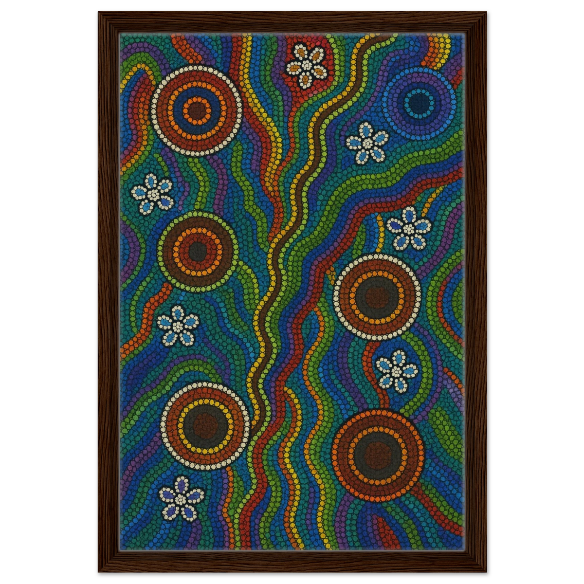 Rainbow Dreaming Aboriginal Wall Art Print - Framed Canvas - 40x60 cm / 16x24″ - Dark wood frame