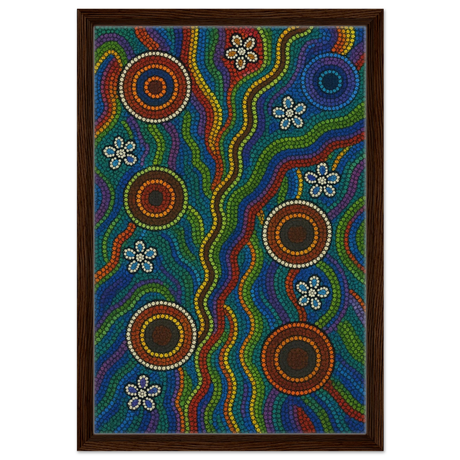 Rainbow Dreaming Aboriginal Wall Art Print - Framed Canvas - 40x60 cm / 16x24″ - Dark wood frame