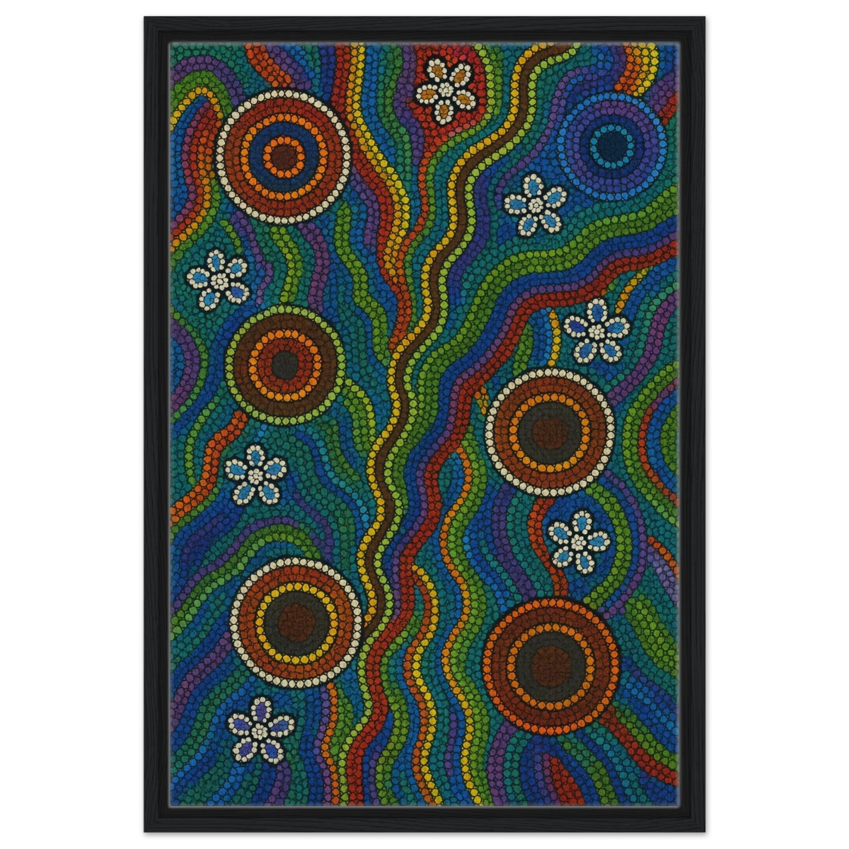 Rainbow Dreaming Aboriginal Wall Art Print - Framed Canvas - 50x75 cm / 20x30″ - Black frame