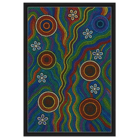 Rainbow Dreaming Aboriginal Wall Art Print - Framed Canvas - 50x75 cm / 20x30″ - Black frame