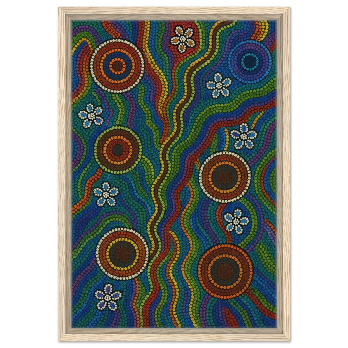 Rainbow Dreaming Aboriginal Wall Art Print - Framed Canvas - 40x60 cm / 16x24″ - Wood frame
